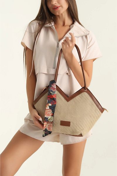 Ladystyle Tan Ecru Wicker Knitted Patterned Canvas Scarf Women's Handbag and Shoulder Bag