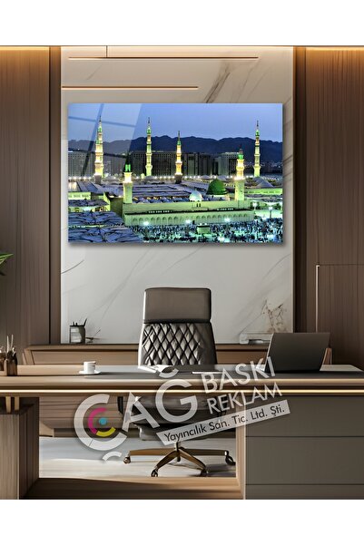 Çağ Baskı Medine Mescid-i Nebevi İslam Dini Cam Tablo Modern Ev Ofis Salon Od...