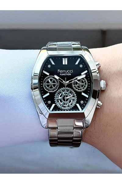 Ferrucci Men's Silver Black Functions Active Geometric Case,Metal Cord Wrist Watch