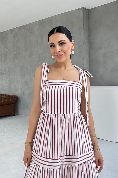 Seda Yalçın Atelier Burgundy Striped Dress with Tie at the Shoulder