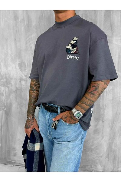 ablukaonline Ανδρικό μπλουζάκι με μπαλώματα Oversize καπνιστό