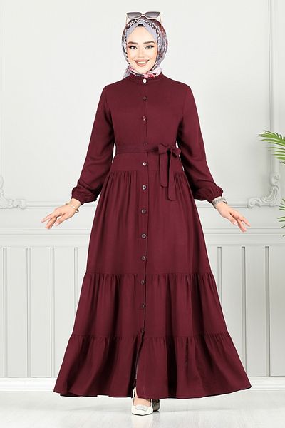 ModaMerve Viscose Dress with Elastic Cuffs 1124Bgs895-M Claret Red