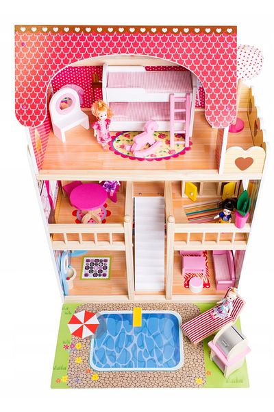 OEM Wooden dollhouse, DREAM VILLA, with garden, garage and LED lighting, 3 floors, 9 rooms, 9