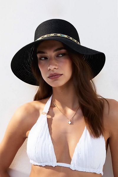 Külah Women's Boho Embroidered Straw Hat - Black