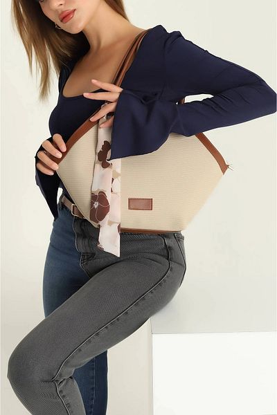 Ladystyle Tan Beige Canvas Scarf Women's Handbag and Shoulder Bag