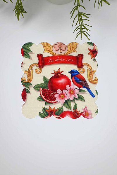 decofav La Dolce Vita Pomegranate and Bird Patterned Colorful Laser Cut Cocktail Napkin 1 Piece