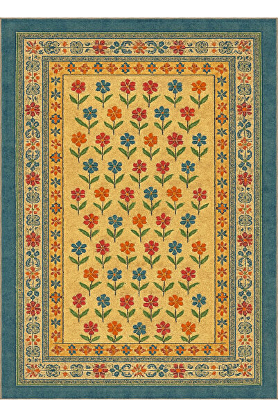 Rugs Modern Halı Mosso Yellow Themed Multi-Colored Flowers Patterned Woven Ba...