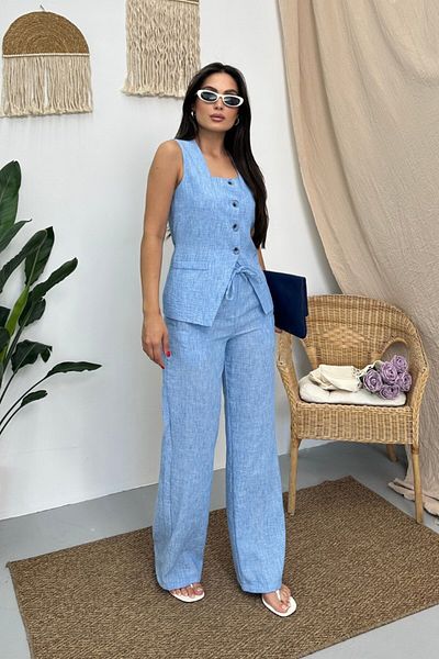 spirituel Women's Double Bottom Top Suit Linen Buttoned Square Collar Waist Lace-Up Regular Vest Loose Pants Suit