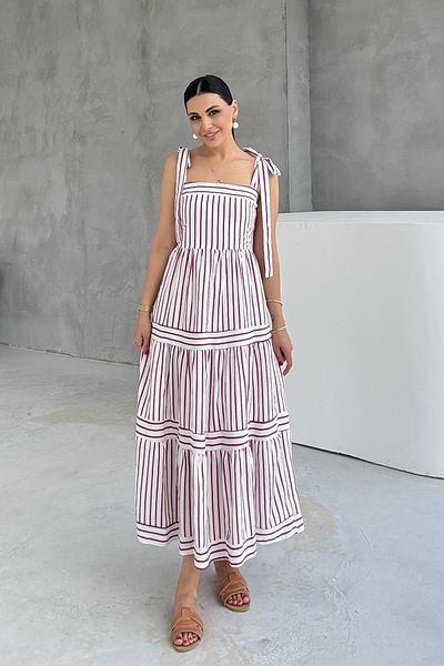 Seda Yalçın Atelier Burgundy Striped Dress with Tie at the Shoulder
