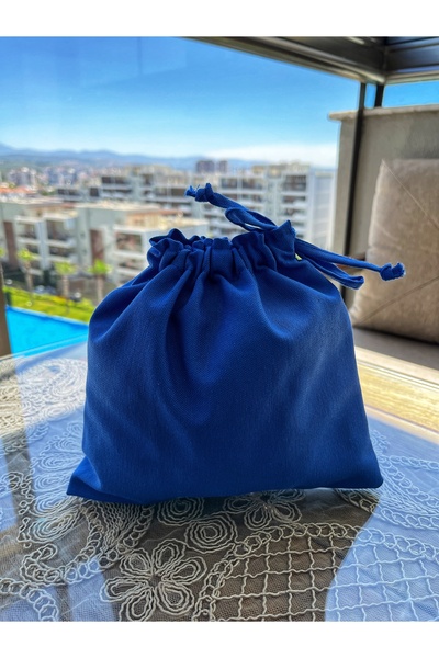MEKİK BUTİK Saks Mavi Keten Mini Bez Kese - Büzgülü Çanta İçi Düzenleyici - M...