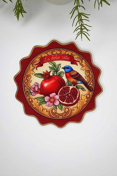 decofav La Dolce Vita Pomegranate and Bird Patterned Round Embroidery Edge Luxury Cocktail Napkin – Baroque Burgundy 1 Piece