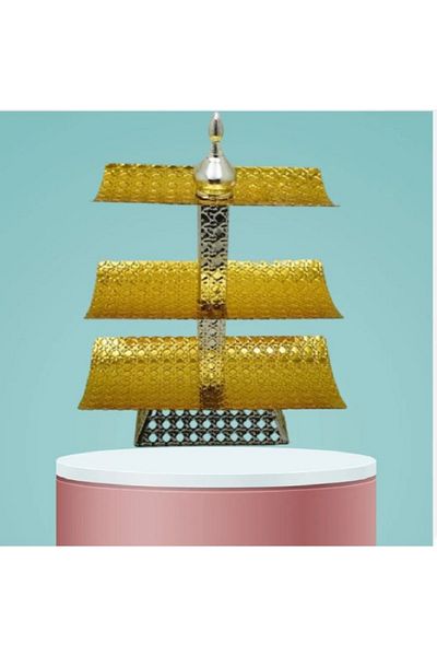BASURRAH Three-tiered gold metal rectangular dessert serving platter