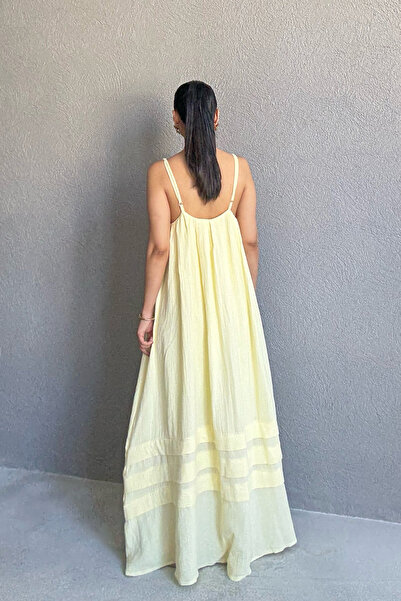 Seda Yalçın Atelier Sarı Boncuk Askı Detaylı Rahat Keten Elbise