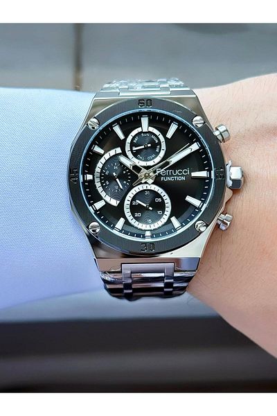 Ferrucci Men's Silver Black Functions Active Metal Cord Wrist Watch