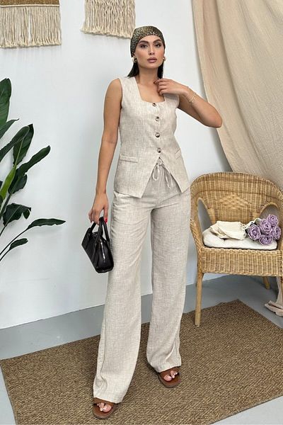 spirituel Women's Double Bottom Top Suit Linen Buttoned Square Collar Waist Lace-Up Regular Vest Loose Pants Suit