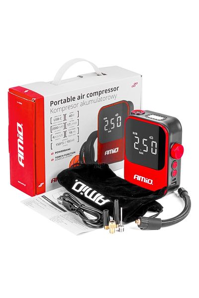 AMIO Compresor auto portabil 40W baterie incorporata 2000mAh, Rosu