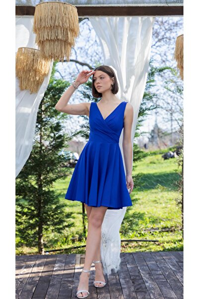 DORİDORCA 7027 Kruvaze Yaka Kısa Simli Çan Etek Elbise