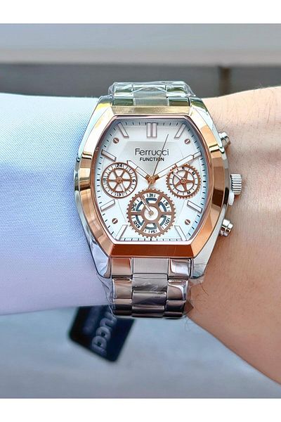 Ferrucci Men's Silver Rose Functions Active Geometric Case,Metal Cord Wrist Watch