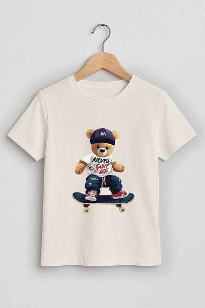 peki baby&kids Pekierkek Çocuk Combed Cotton Skateboard Teddy Printed T-Shirt 19479