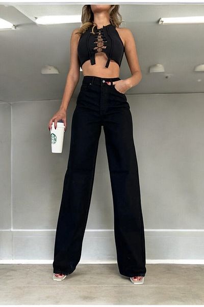 Livik Diana Women's Black Extra High Waist Flexible Waist Pocket Detailed Wide Leg Jeans