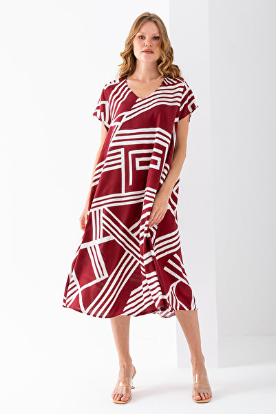 GİYSA Women's V-Neck Geometric Pattern Cotton Dress Burgundy - 25Y F510 Standard Size