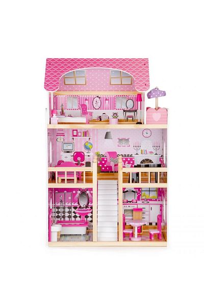 Ecotoys Maryland wooden dollhouse with 3 floors and 5 rooms, LED included, 59x30x90cm