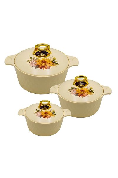 BASURRAH 3-Piece Beige Decorated Food Container Set – 2.5L, 3.5L & 5L Insulated Hot & Cold Servers