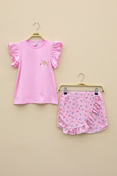 Cansın Mini Pink Ruffled Sleeves Floral Print Shorts Skirt 2-Piece Set 20716