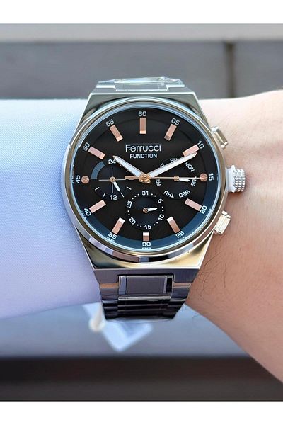 Ferrucci Men's Silver Black Functions Active Metal Cord Wrist Watch