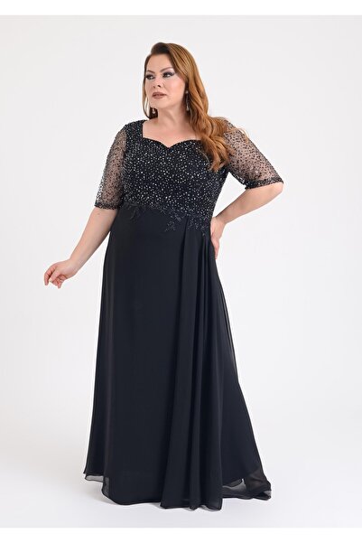 LİLAS XXL 9652 Büyük Beden Öpücük Yaka Pulpayet İşleme Şifon Uzun Elbise