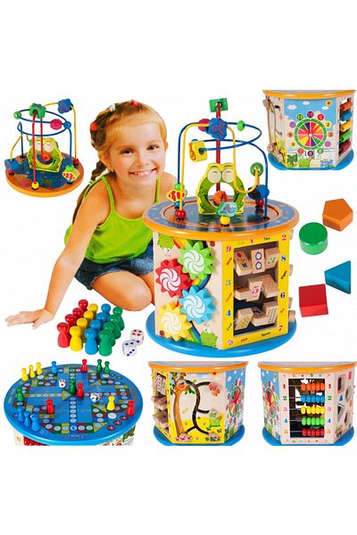 ideal STORE Cub Educativ din Lemn 8 in 1 idealSTORE, Dimensiuni 37 x 25 x 25 cm, Include 6 pereti cu functii si