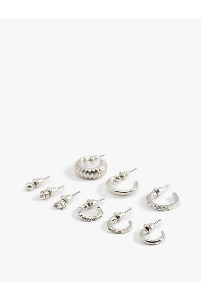 Koton Stone Detailed Twist 9-Piece Ball and Hoop Earring Set