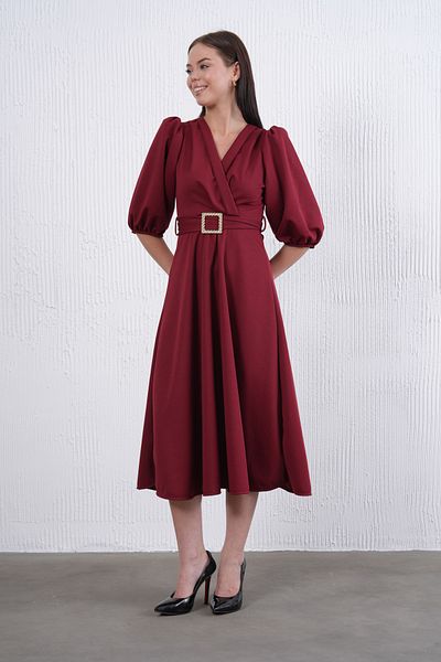 barış sülün lovebox Women's Stretchy Burgundy Fabric Double Breasted Collar Stone Belt Designed Midi Evening Dress 3602
