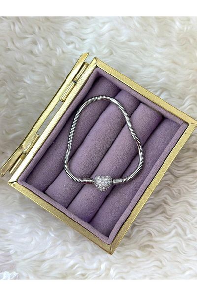 BY YASİN TOPÇU Pave Heart Ball Lock Snake Chain Bracelet (18cm)