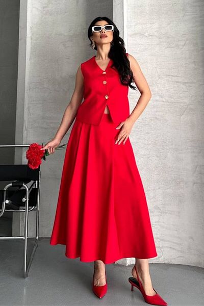 spirituel Women's Double Bottom Top Suit Buttoned Vest Long Bell Skirt Suit