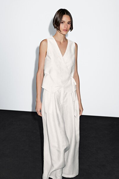 Massimo Dutti Bağcıklı keten karışımlı yelek