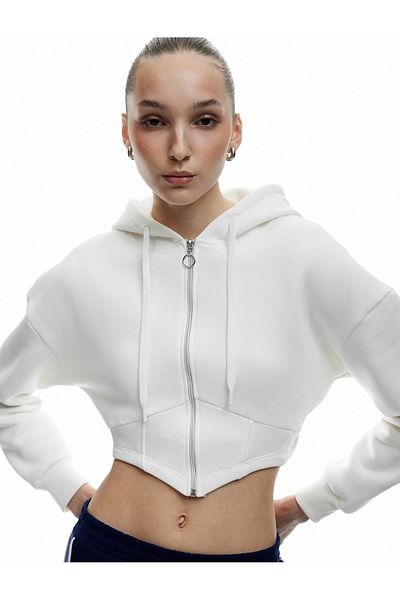Koton Corset Detailed Zippered Hooded Crop Sweatshirt
