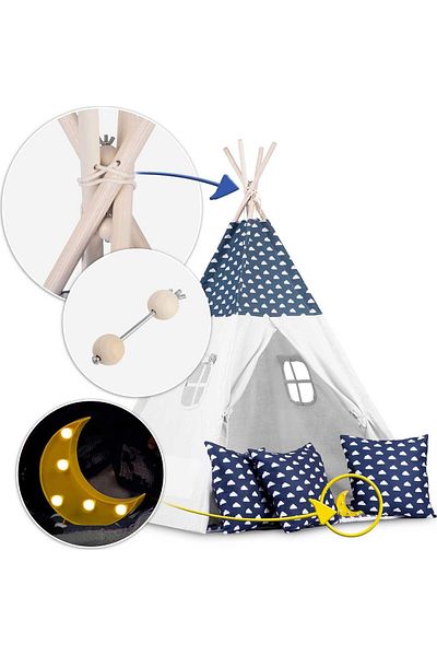 ideal STORE Cort de Joaca cu Lumini idealStore TIPI, model Tipi, Bumbac Natural, cu Perne, Covoras Izolator, Str