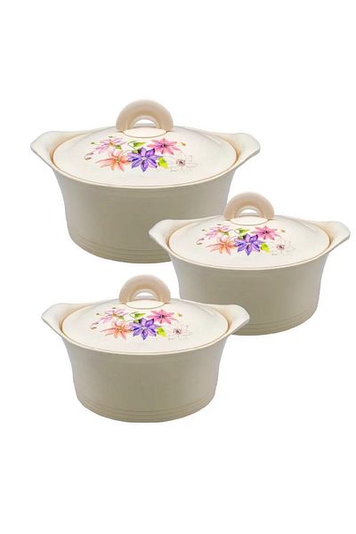 BASURRAH Beige Decorated Food Container Set – 3-Piece Insulated Set (2.5L, 3.5L, 5L) for Hot & Cold Storage