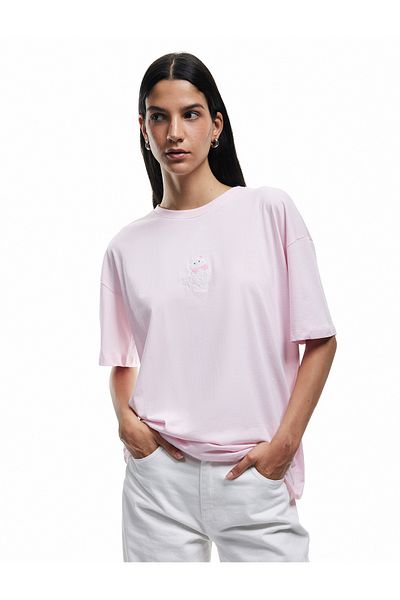 Koton Short Sleeve Crew Neck Cotton Oversize T-Shirt with Embroidery Detail