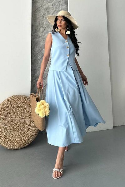 spirituel Women's Double Bottom Top Suit Buttoned Vest Long Bell Skirt Suit