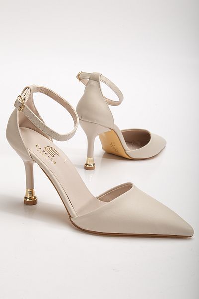 Entella Store Pantofi stiletto cu toc elegant, din piele, bej, cu spatele închis