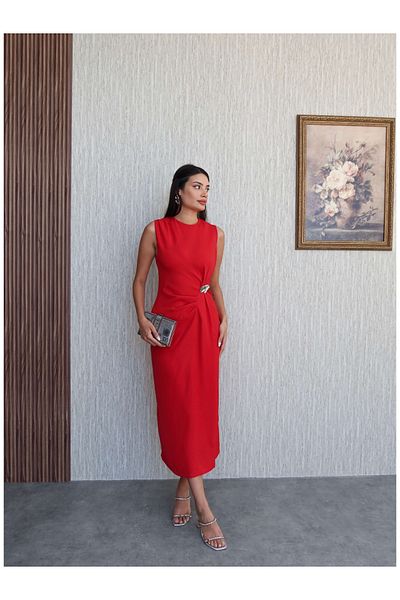 ESRAHELVACI Sleeveless Pleated Buckle Detailed Dress