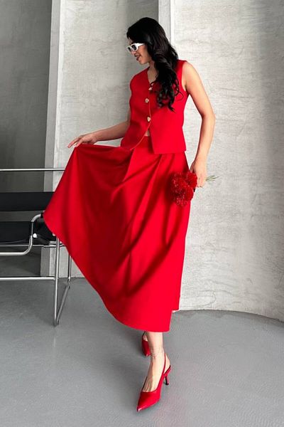 spirituel Women's Double Bottom Top Suit Buttoned Vest Long Bell Skirt Suit