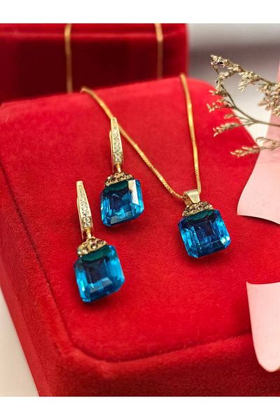 argint 925 Blue stone necklace+earrings set