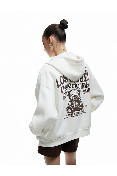 Koton Hooded Zippered Back Printed Pocket Oversized Sweatshirt