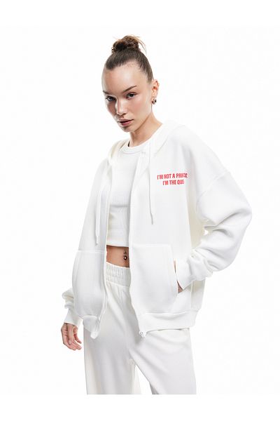 Koton Raised Zippered Hooded Pocket Detailed Oversized Sweatshirt with Printed Back