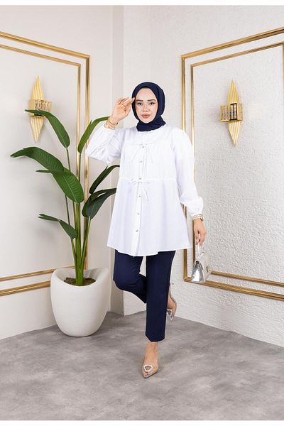 HARMAN BUTİK Women's Buttoned Tie-Up White Shirt