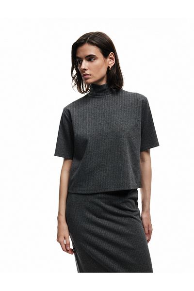 Koton Glitter Short Sleeve Stand Collar T-Shirt with Metallic Thread Detail