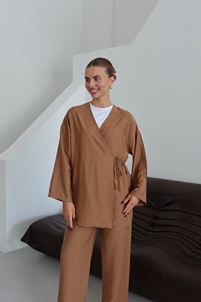 ilmek Women's Crinkle Textured Wrap Kimono Set